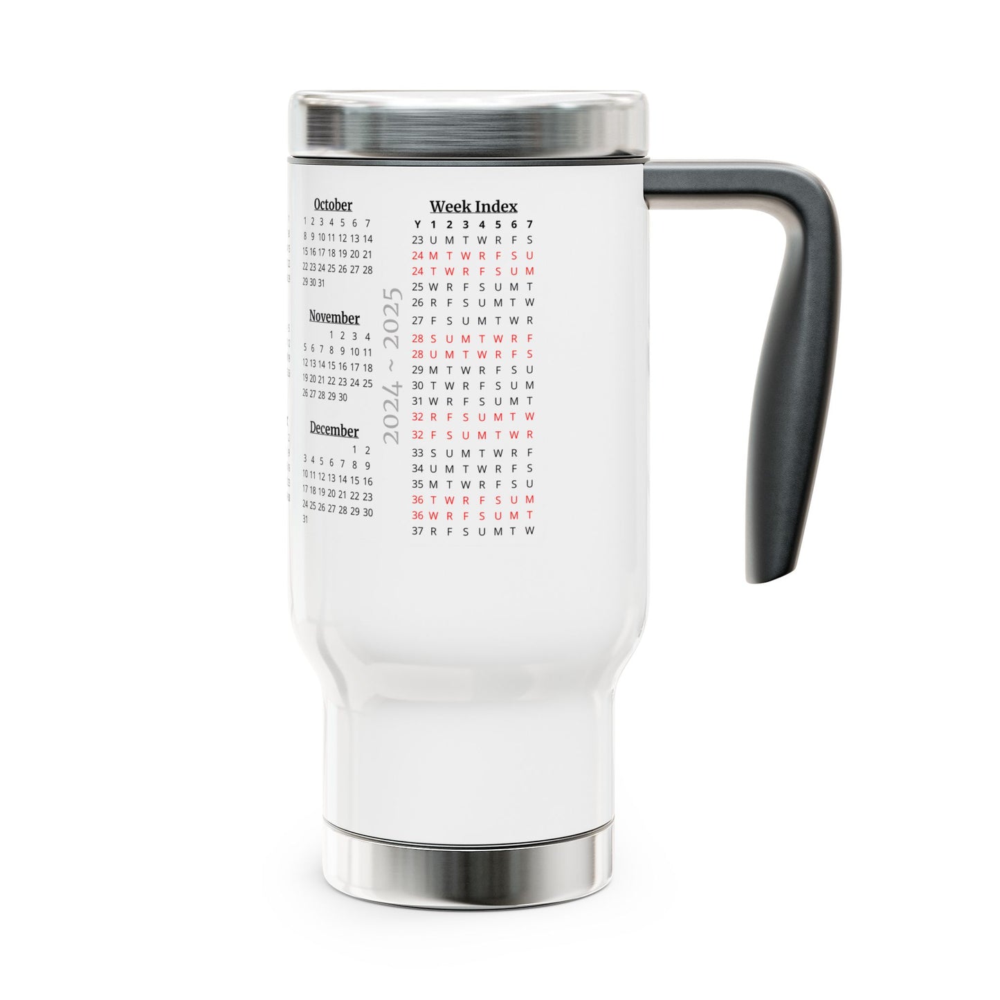 Calendar Mugs: 15-Year Calendar 2023 to 2037 | Stainless Steel Travel Mug with Handle