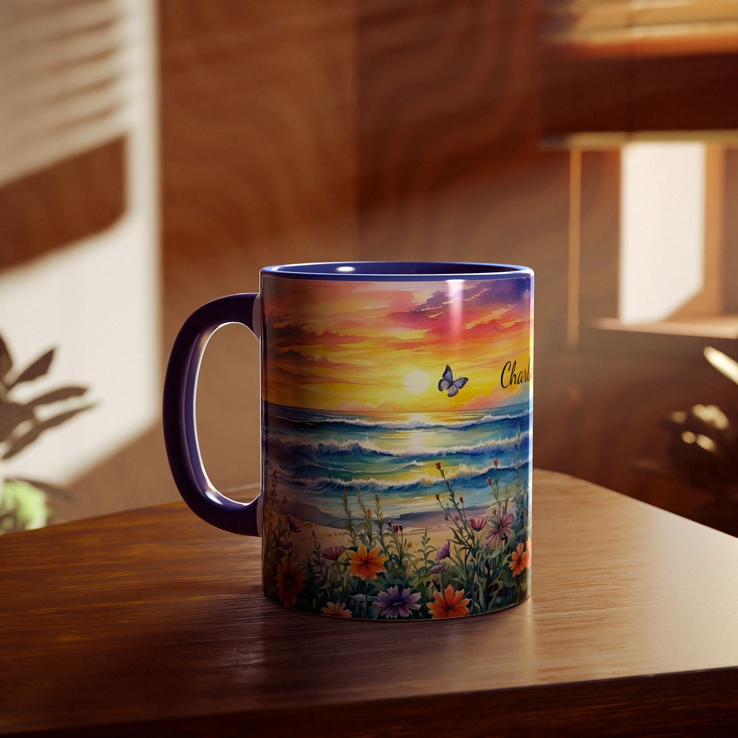 Beach Sunset and Butterflies · Personalize It! Your Name and Font | Accent Mug (Small) (Blue/Light Green/Pink/Red/Yellow).