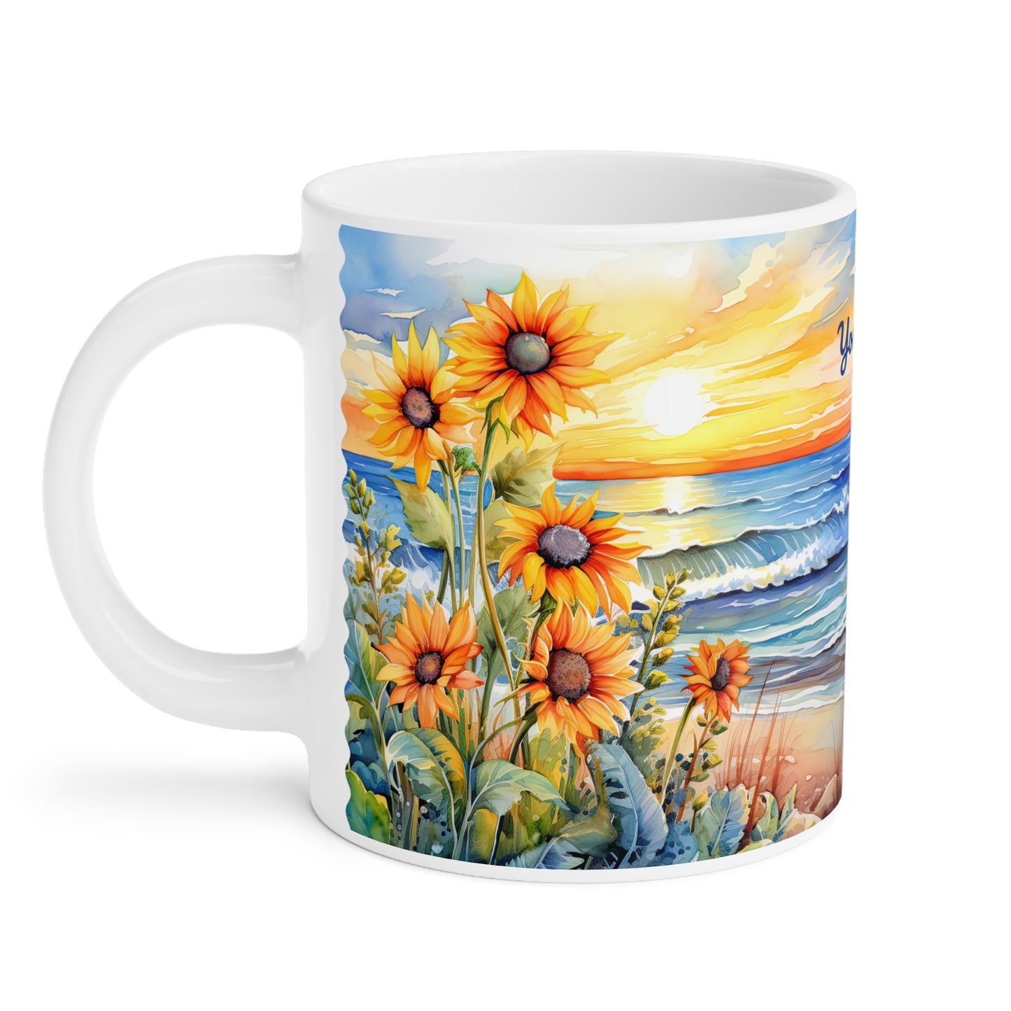 Sunset Beach Sunflowers Paradise · Personalize It! Your Name, Font and Color | Ceramic Mug (Small/Medium/Large).