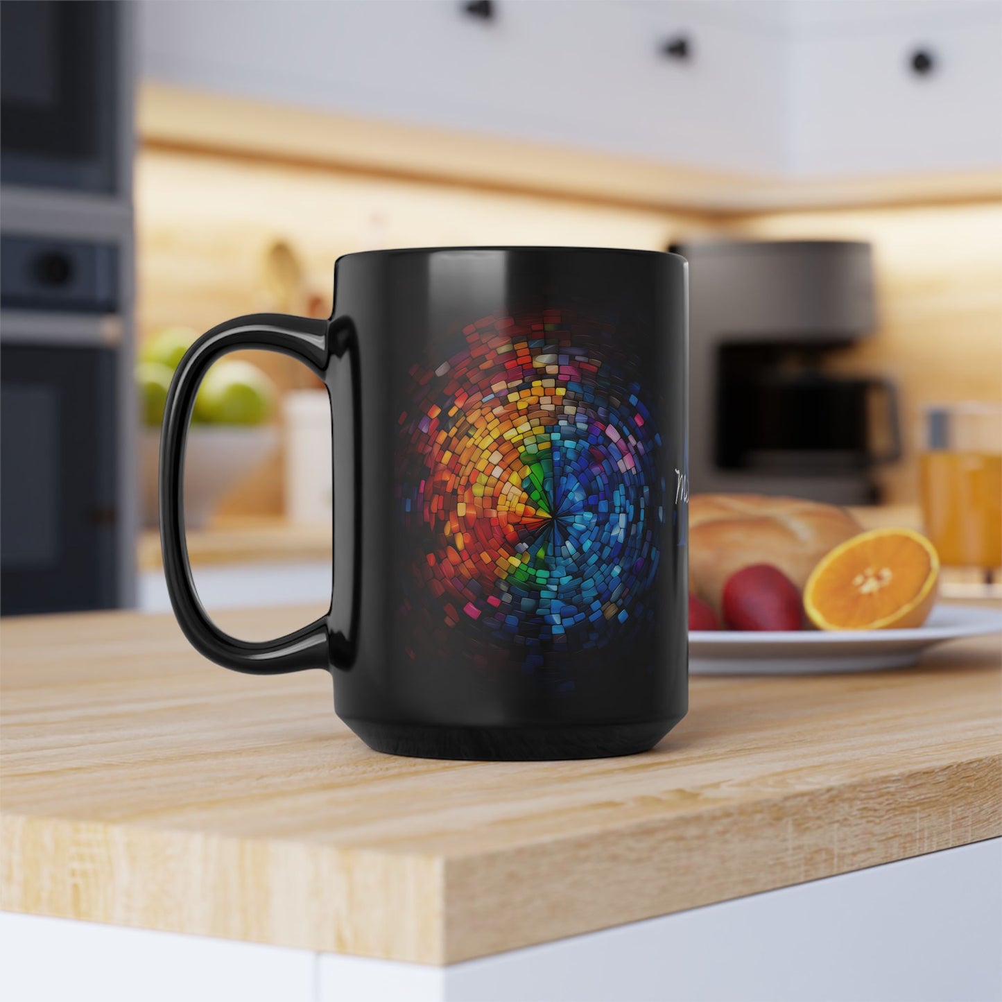 Rainbow Eye Mosaic: Personalize It! Your Name | Black Mug (Medium)