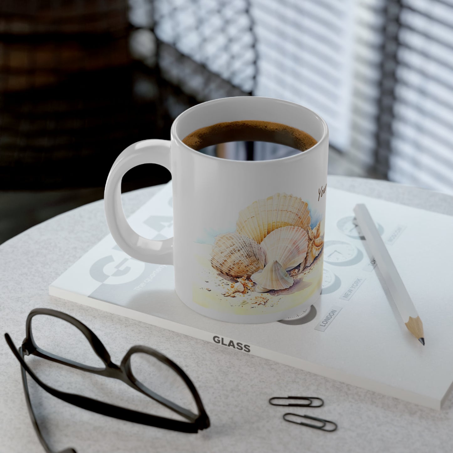 Serene Seashells Watercolor Art: Personalize It! Your Name, Font and Color | Ceramic Mug (Large) 🇺🇸