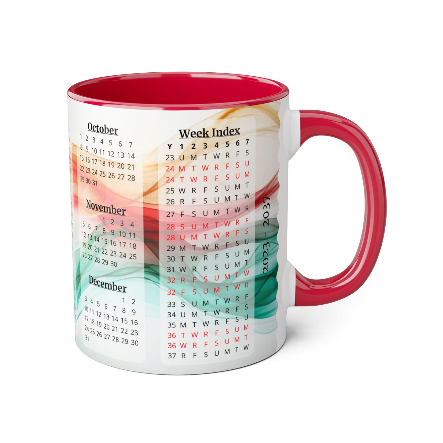 Seta Italiana, 15 Year Calendar 2023 to 2037, Accent Mug (Small) (Light Green/Red/Yellow)