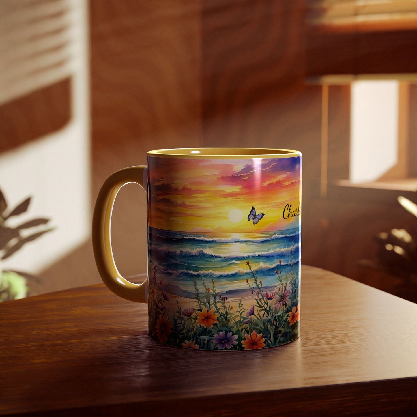 Beach Sunset and Butterflies · Personalize It! Your Name and Font | Accent Mug (Small) (Blue/Light Green/Pink/Red/Yellow).