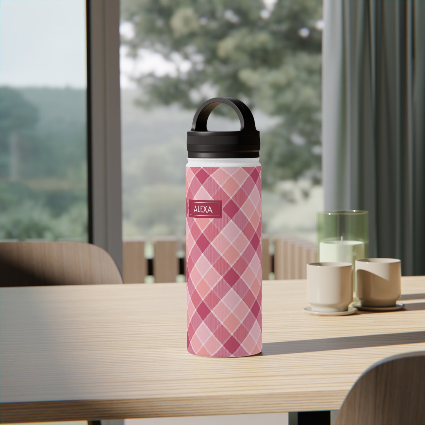 Pink Check No 5 Diagonal Plaid, Personalize It! Your Name, Stainless Steel Water Bottle Handle Lid (Small/Medium)