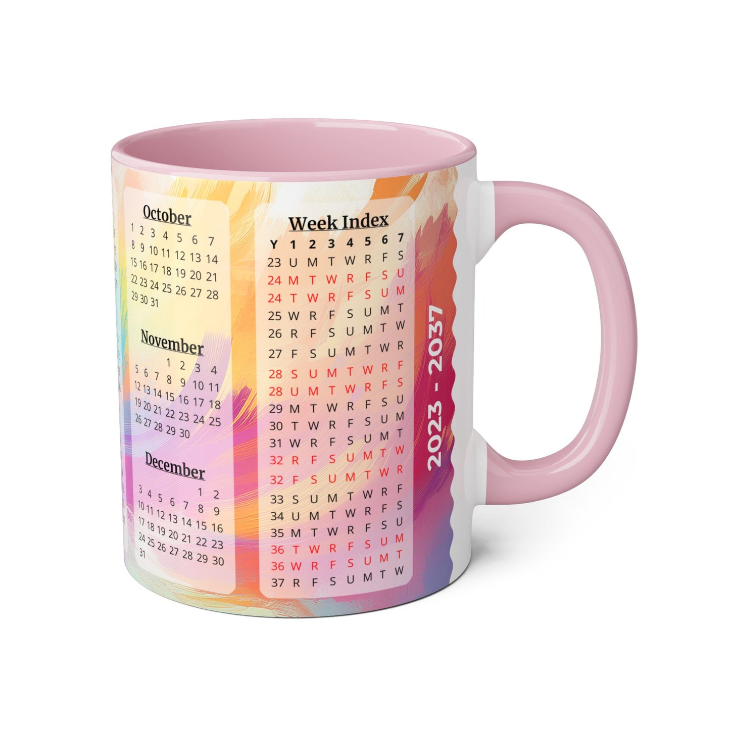 Palette of Pinks and Pastels · Calendar Mugs: 15-Year Calendar: 2023 to 2037 | Accent Mug (Small) (Pink/Red/Yellow).