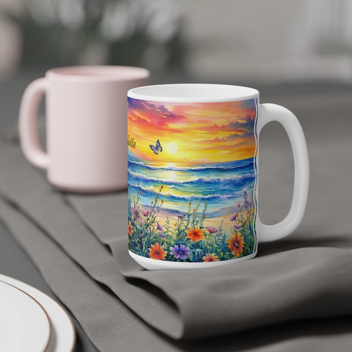 Beach Sunset and Butterflies: Personalize It! Your Name Your Font | Ceramic Mug (Large)