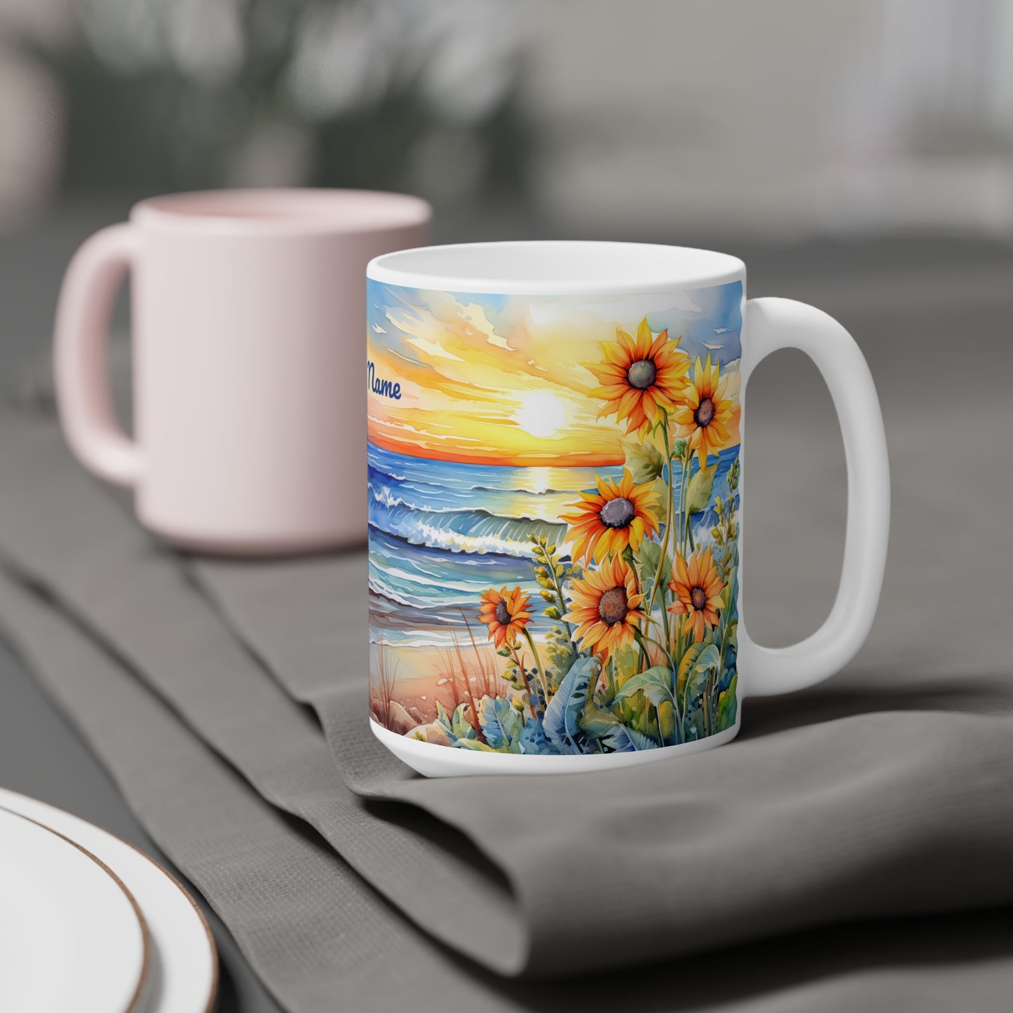 Sunset Beach Sunflowers Paradise: Personalize It! Your Name, Font and Color | Ceramic Mug (Small/Medium/Large) 🇨🇦🇺🇸