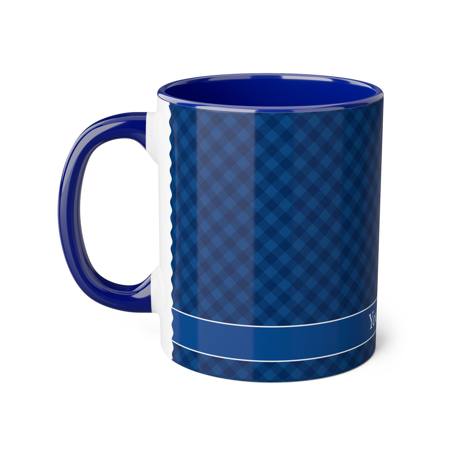 Navy Blue Diagonal Plaid · Personalize It! Your Name | Accent Mug (Small) (Blue).