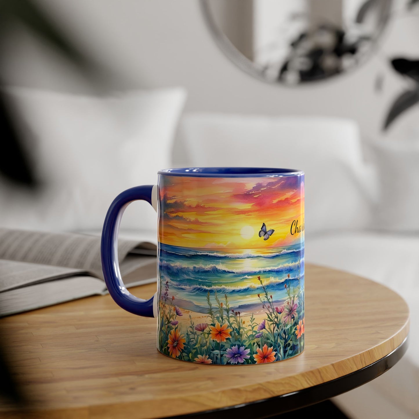 Beach Sunset and Butterflies: Personalize It! Your Name Your Font | Accent Mug (Small) (Blue/Light Green/Pink/Red/Yellow)