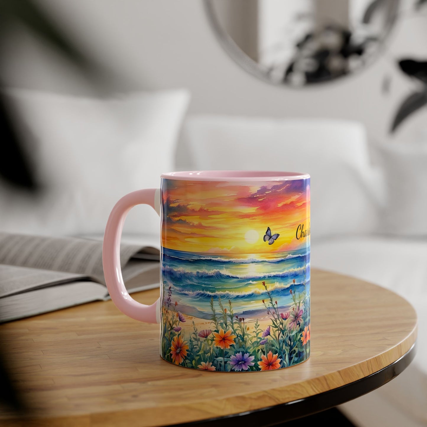 Beach Sunset and Butterflies · Personalize It! Your Name and Font | Accent Mug (Small) (Blue/Light Green/Pink/Red/Yellow).