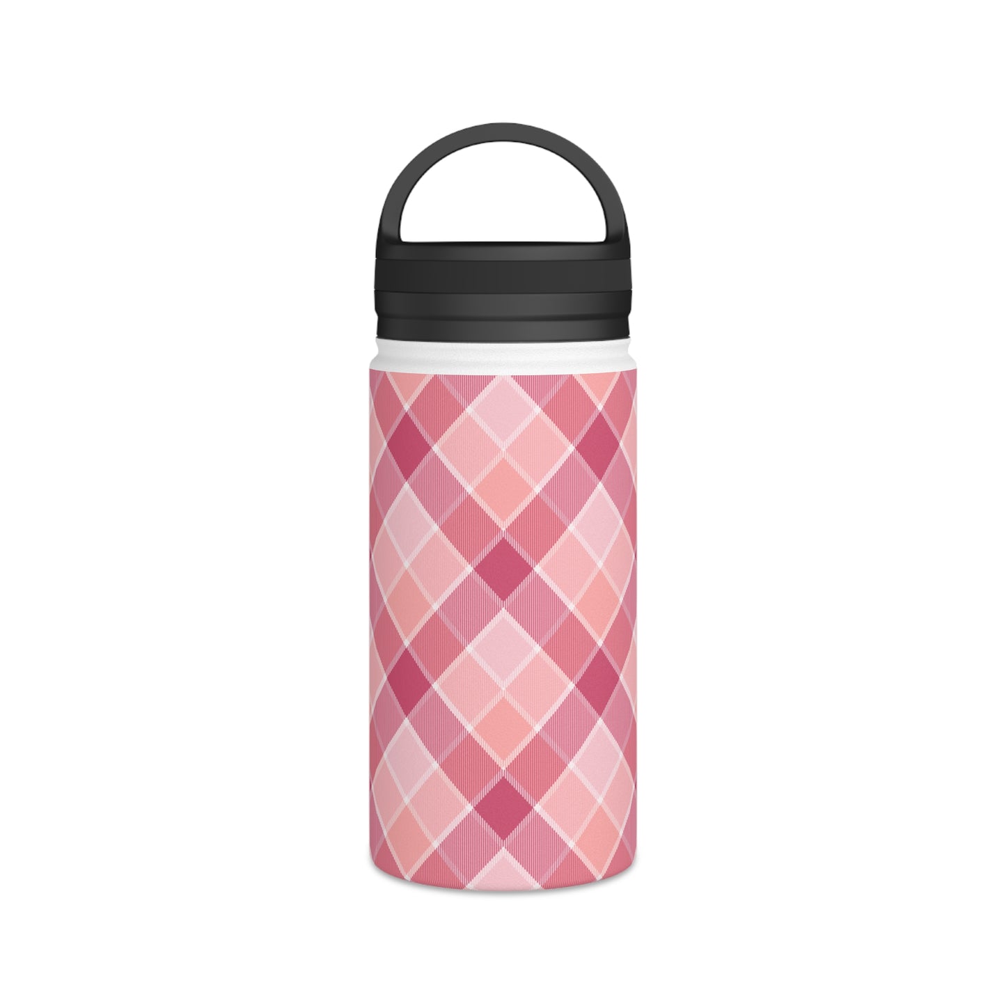 Pink Check No 5 Diagonal Plaid, Personalize It! Your Name, Stainless Steel Water Bottle Handle Lid (Small/Medium)