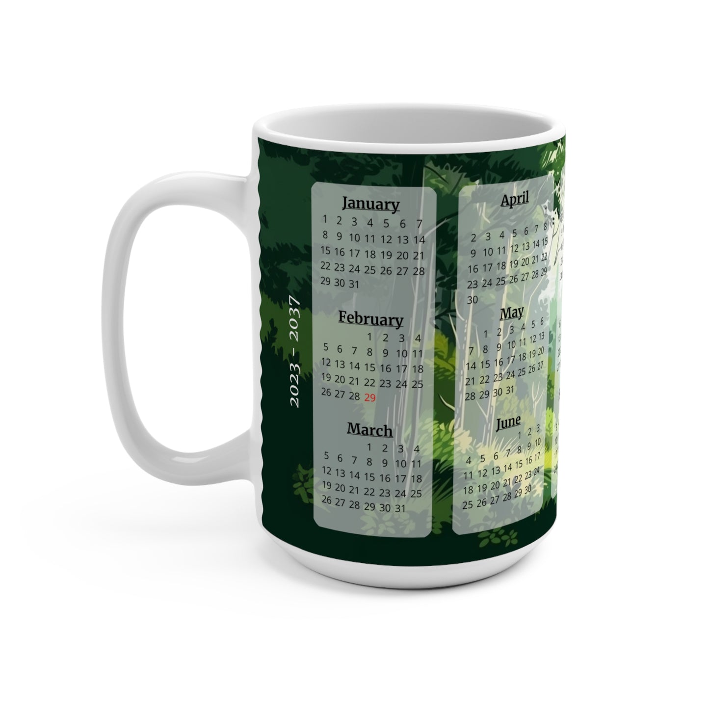 Green Forest, 15 Year Calendar 2023 to 2037, Ceramic Mug (Medium)