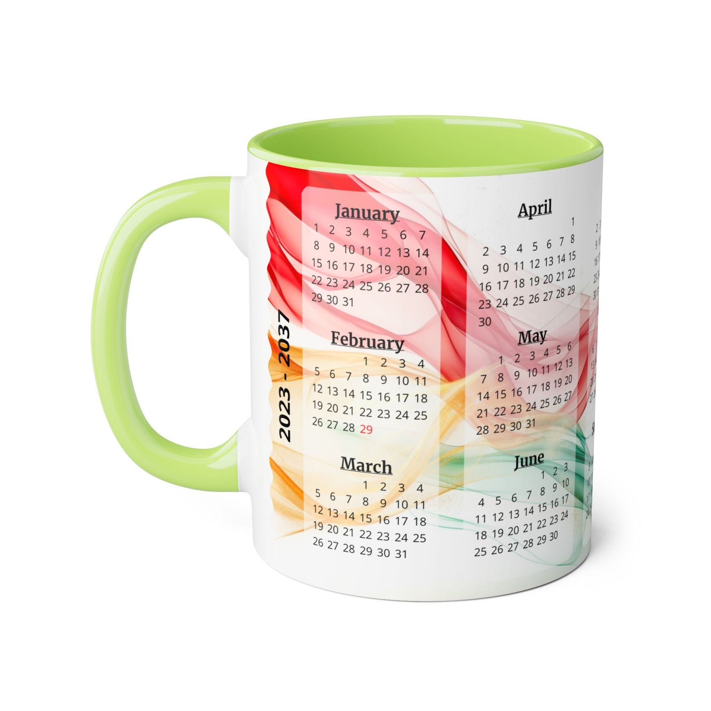 Seta Italiana · Calendar Mugs: 15-Year Calendar 2023 to 2037 | Accent Mug (Small) (Light Green/Red/Yellow).