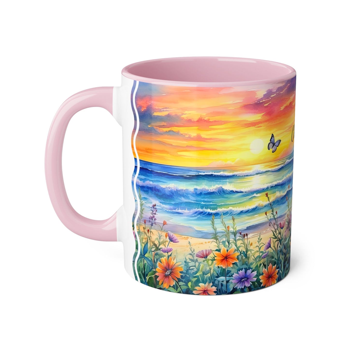 Beach Sunset and Butterflies · Personalize It! Your Name and Font | Accent Mug (Small) (Blue/Light Green/Pink/Red/Yellow).