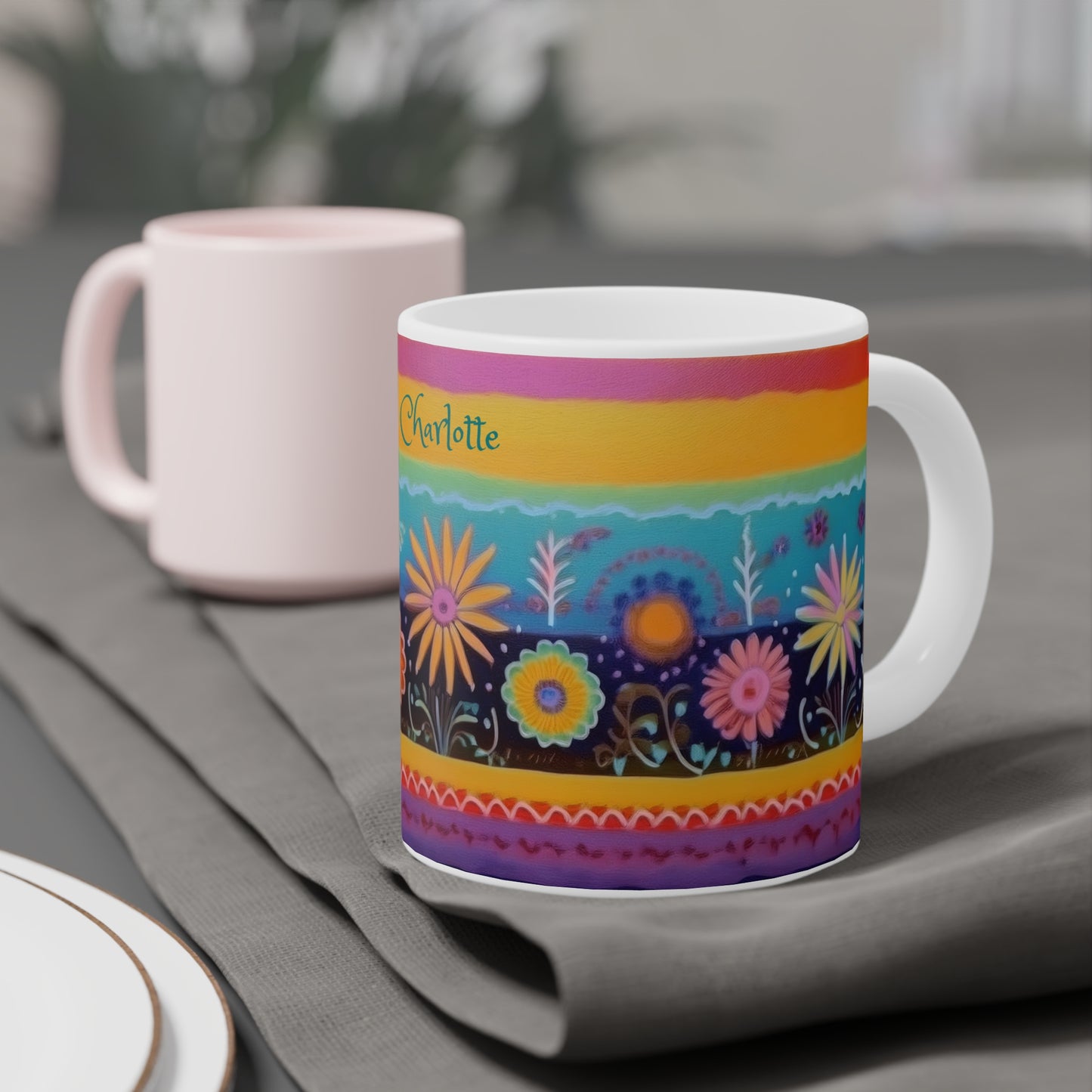 Floral Tapestry Bloom: Personalize It! Your Name, Font and Color | Ceramic Mug (Small/Medium/Large)