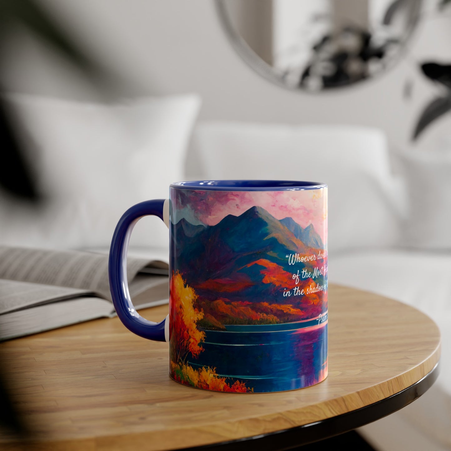 Autumn Lake, Psalm 91, Accent Mug (Small) (Blue/Pink/Red/Yellow)