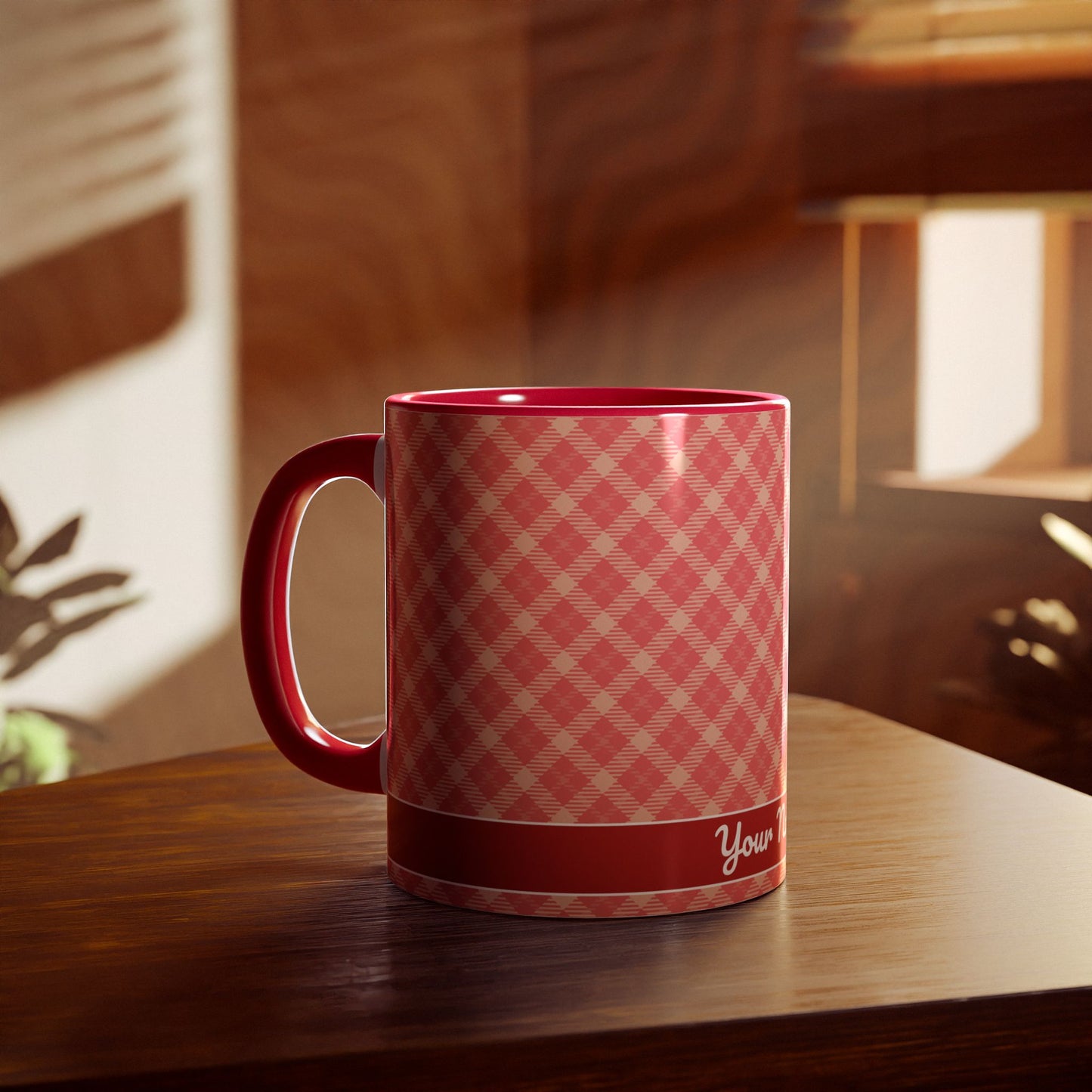 Coral Plaid Sunrise · Personalize It! Your Name and Font | Accent Mug (Small) (Red).