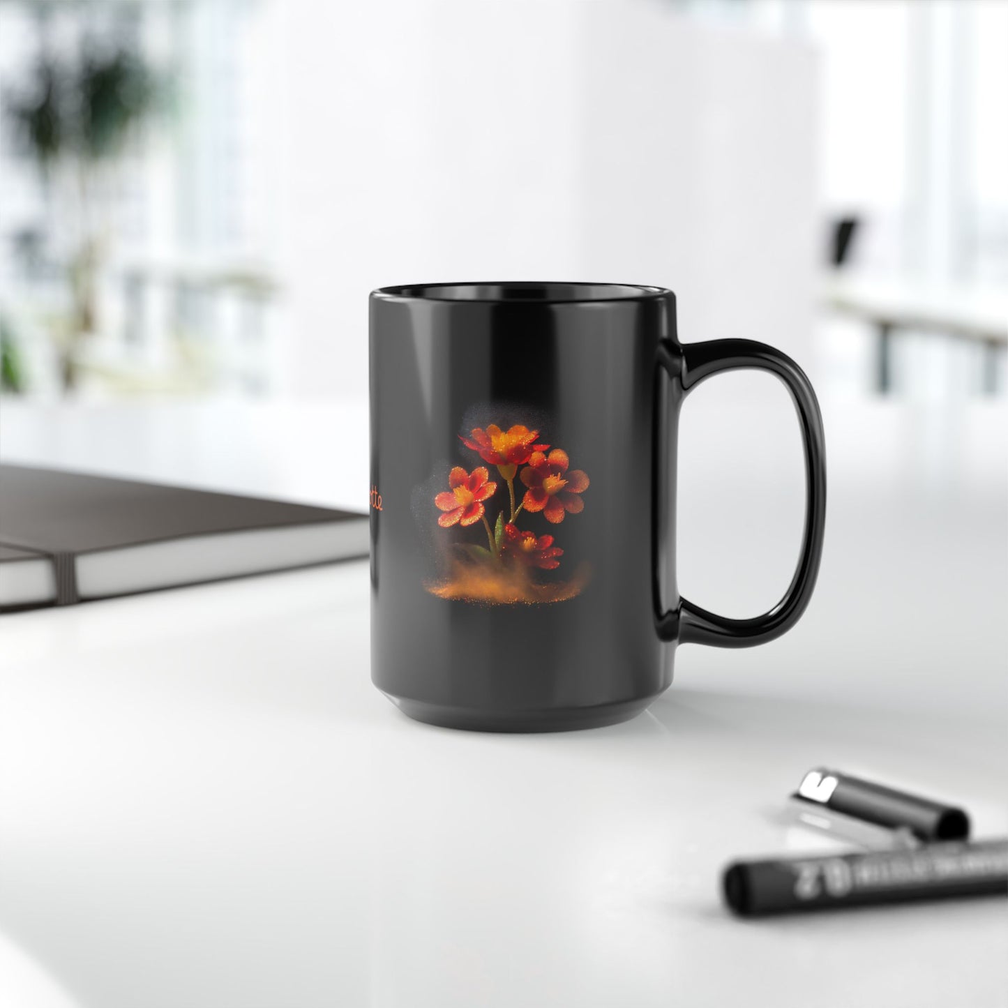 Orange Flowers in Pixie Dust: Personalize It! Your Name Your Font | Black Mug (Medium)