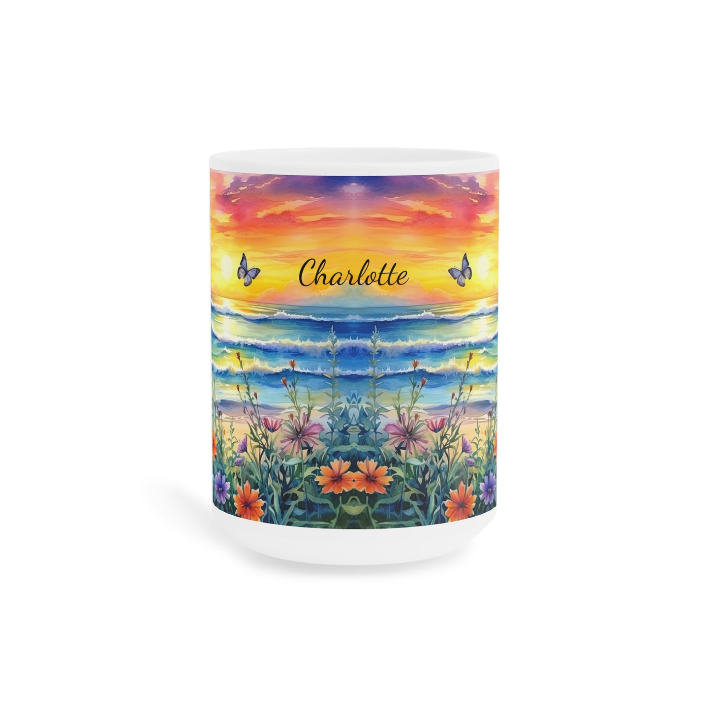 Beach Sunset and Butterflies: Personalize It! Your Name Your Font | Ceramic Mug (Large)