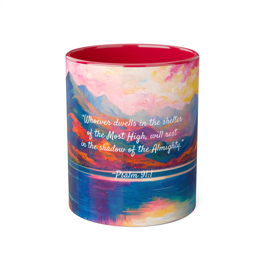 Autumn Lake, Psalm 91, Accent Mug (Small) (Blue/Pink/Red/Yellow)