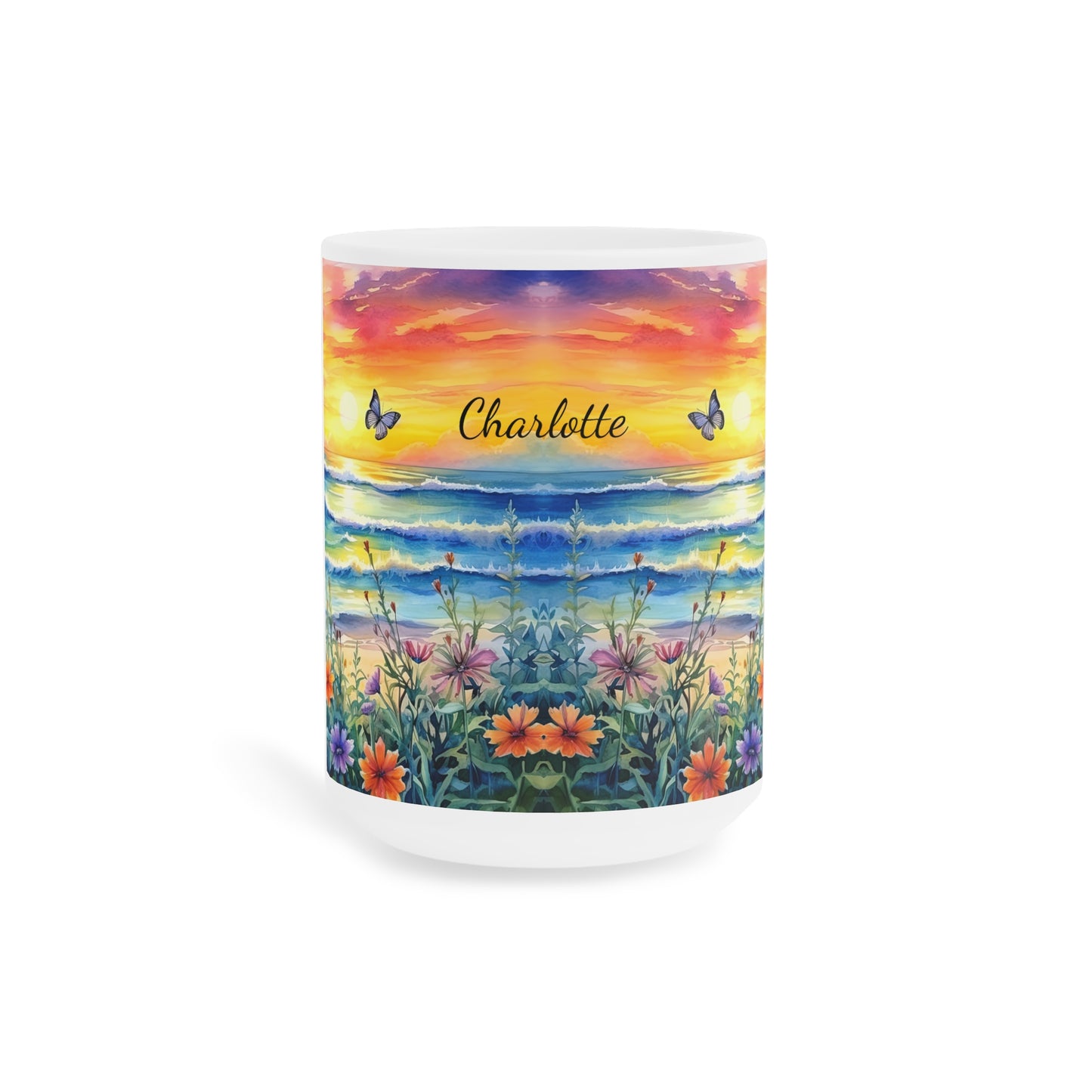 Beach Sunset and Butterflies · Personalize It! Your Name and Font | Ceramic Mug (Medium/Large).