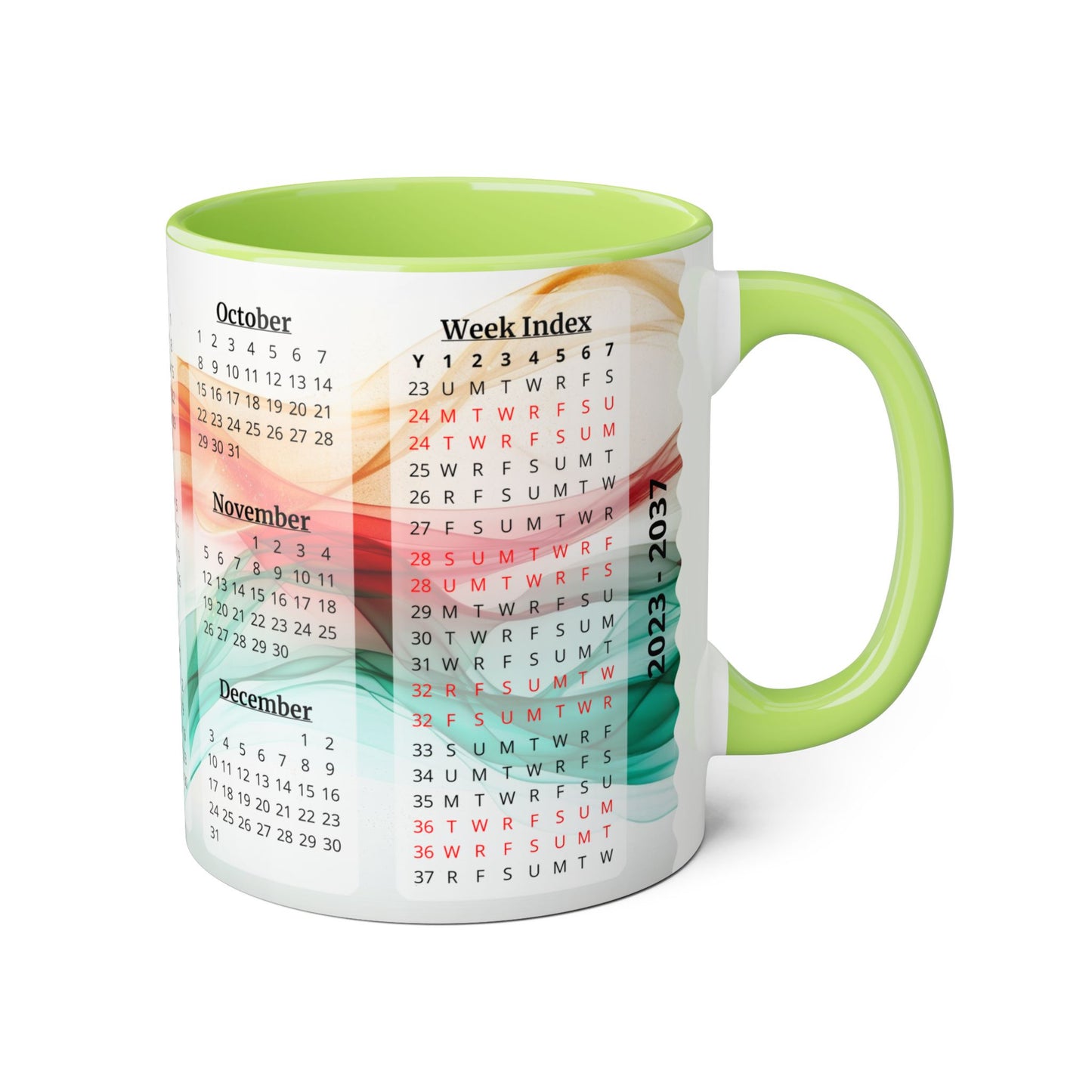 Seta Italiana · Calendar Mugs: 15-Year Calendar 2023 to 2037 | Accent Mug (Small) (Light Green/Red/Yellow).