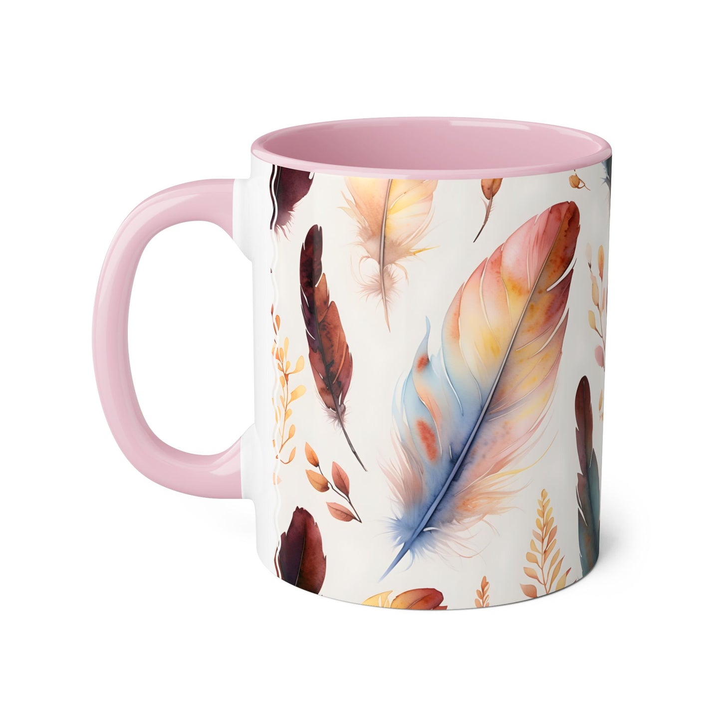 Watercolor Feathers and Foliage · Personalize It! Your Name | Accent Mug (Small) (Pink).