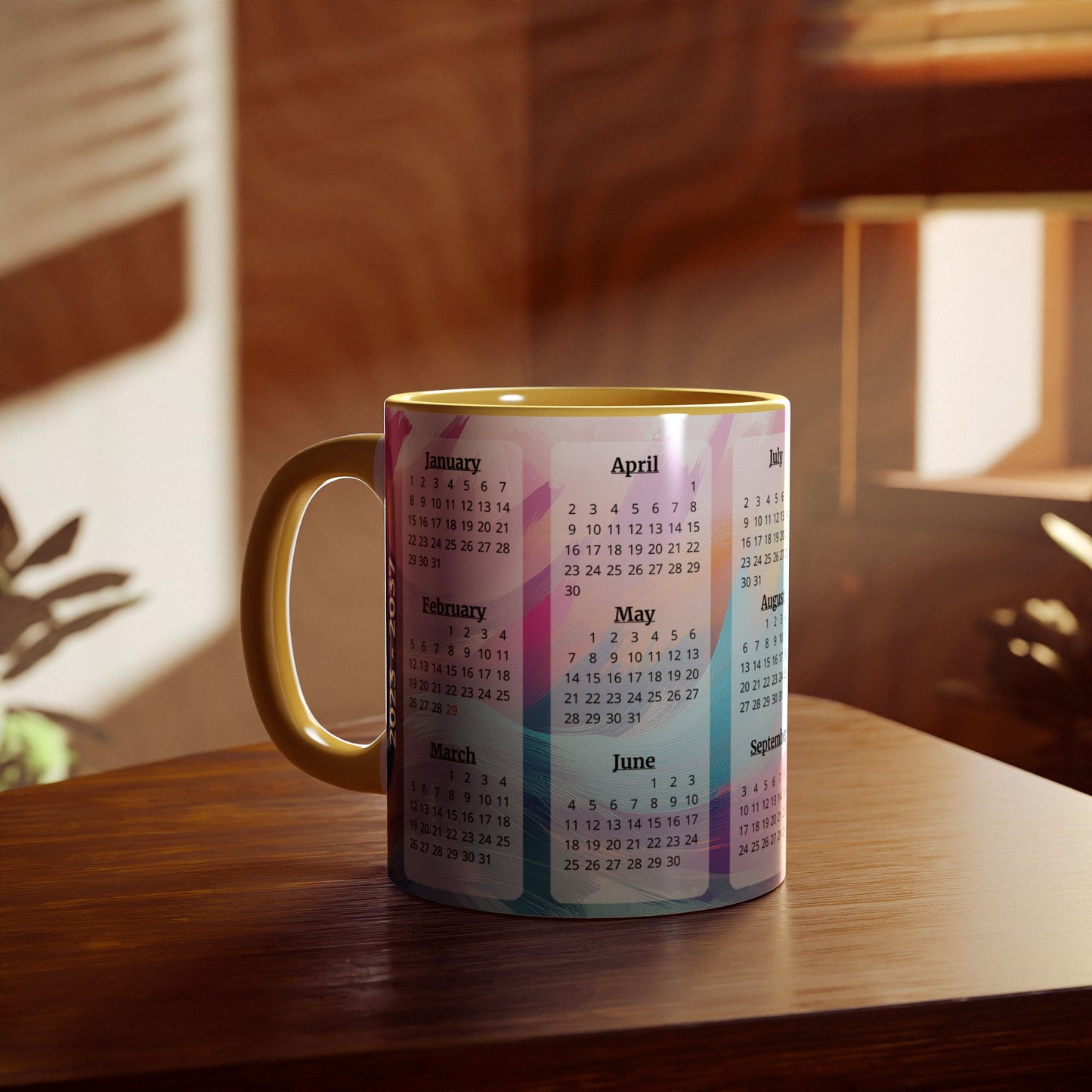 Palette of Pinks and Pastels · Calendar Mugs: 15-Year Calendar: 2023 to 2037 | Accent Mug (Small) (Pink/Red/Yellow).