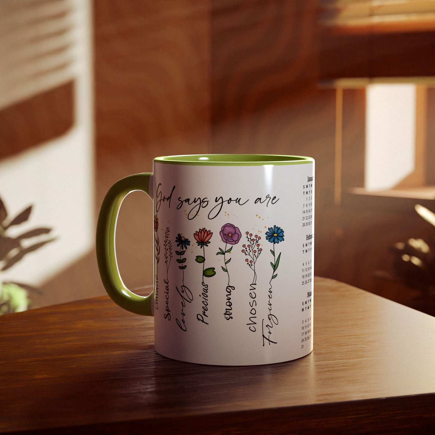 God Says You Are (Flowers), 2 Year Calendar 2024 to 2025, Accent Mug (Small) (Black/Blue/Light Green/Pink/Red/Yellow)