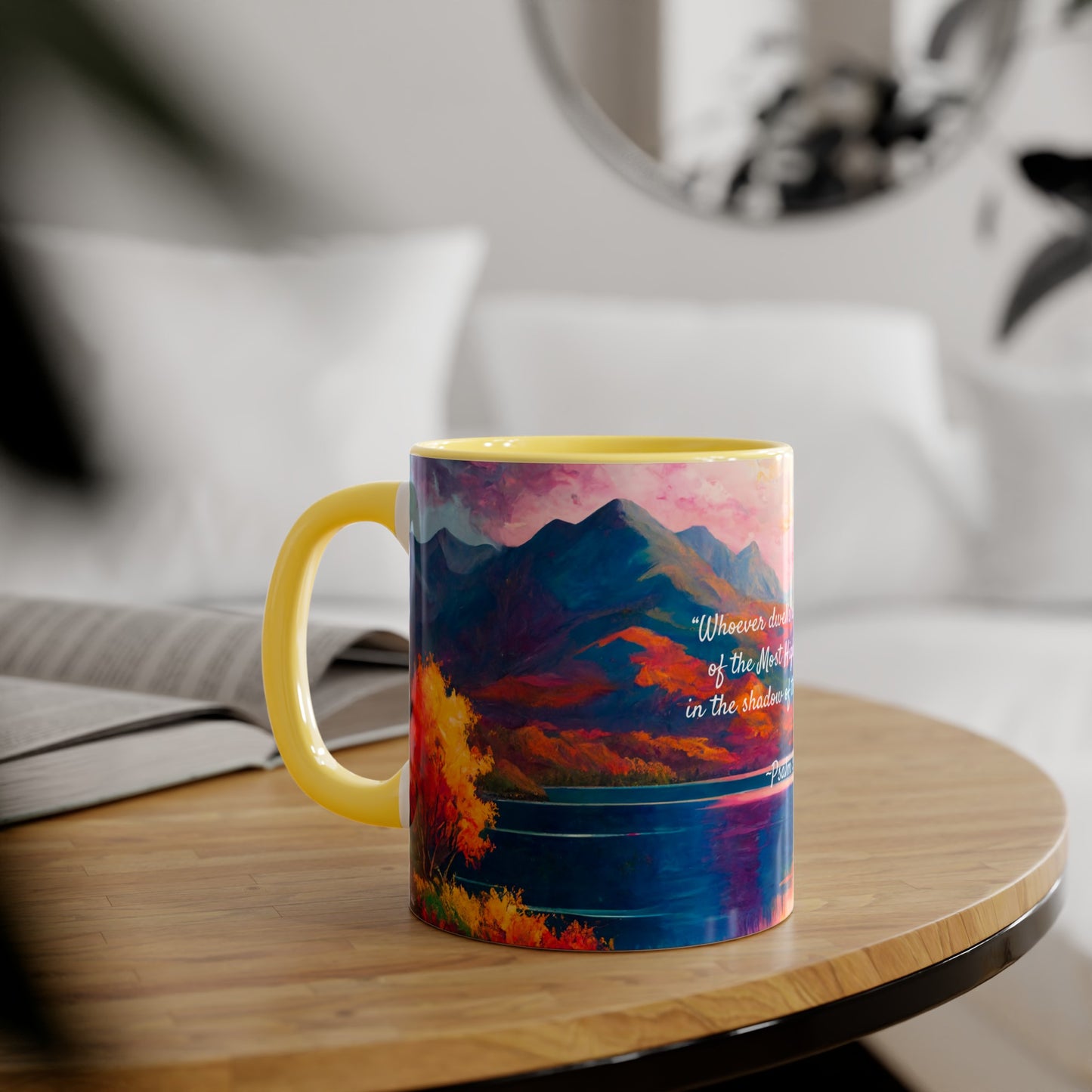 Autumn Lake, Psalm 91, Accent Mug (Small) (Blue/Pink/Red/Yellow)