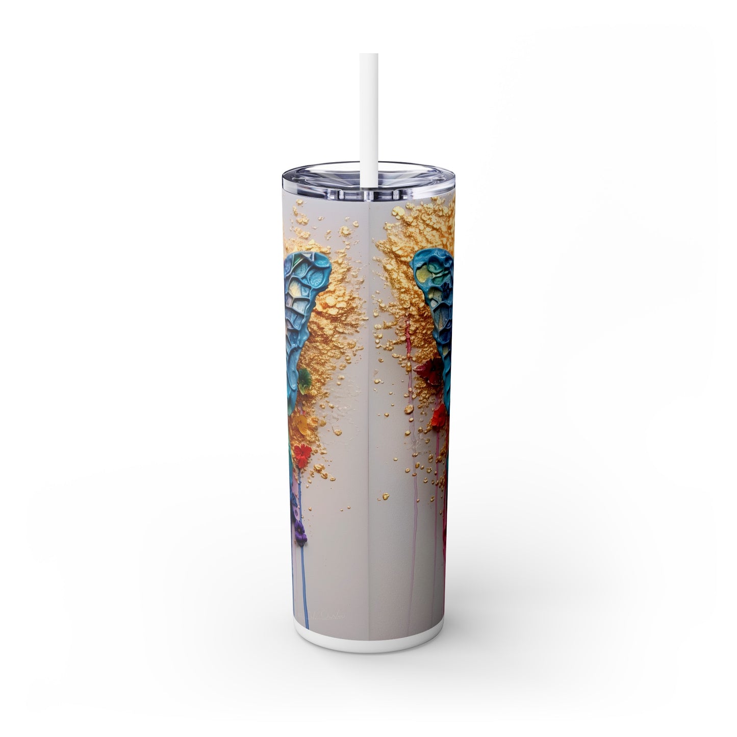 3D Butterfly in Gold and Paint, Skinny Tumbler with Straw