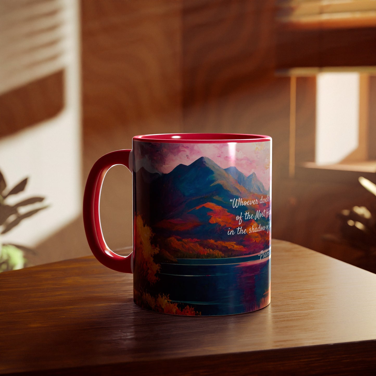 Autumn Lake, Psalm 91, Accent Mug (Small) (Blue/Pink/Red/Yellow)