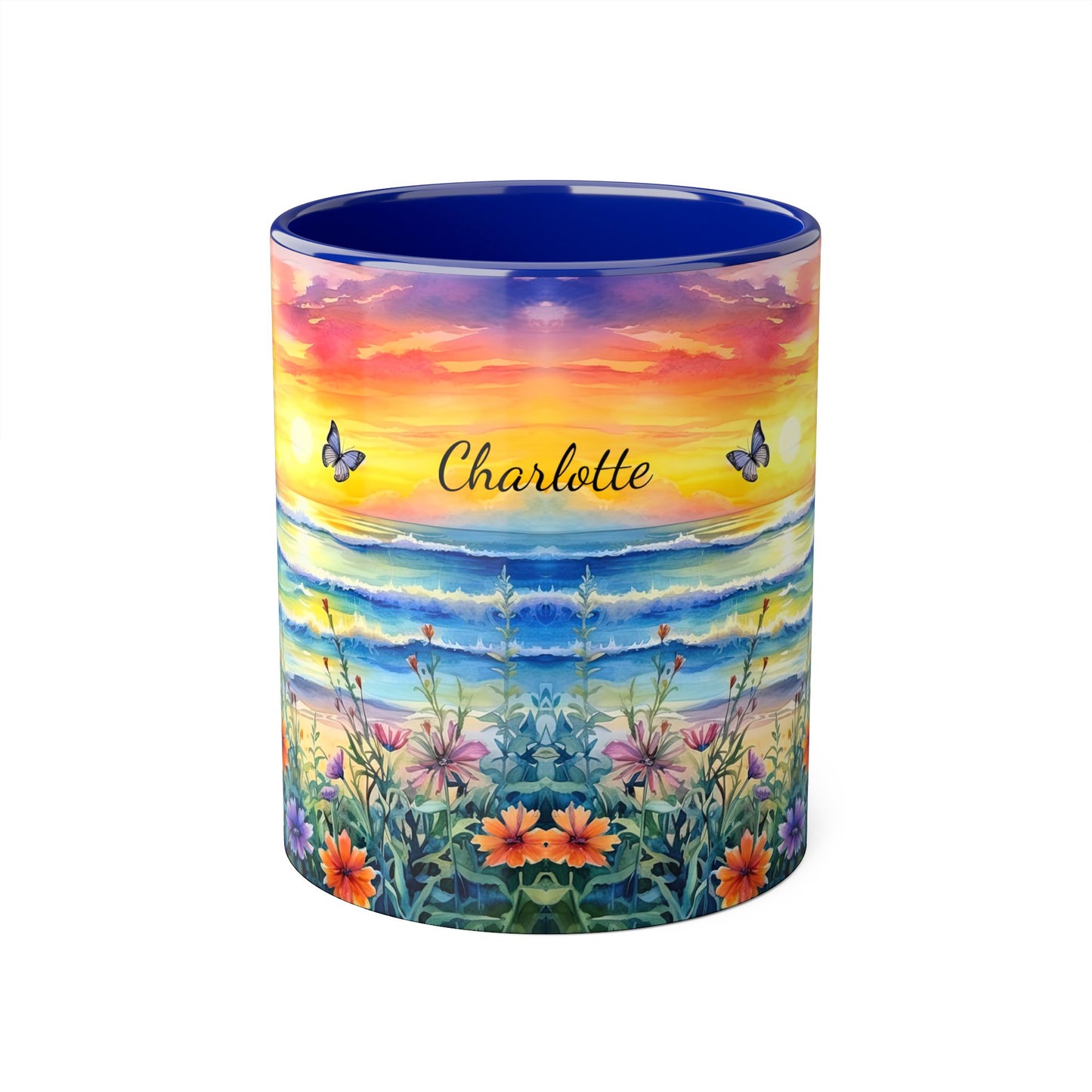 Beach Sunset and Butterflies · Personalize It! Your Name and Font | Accent Mug (Small) (Blue/Light Green/Pink/Red/Yellow).