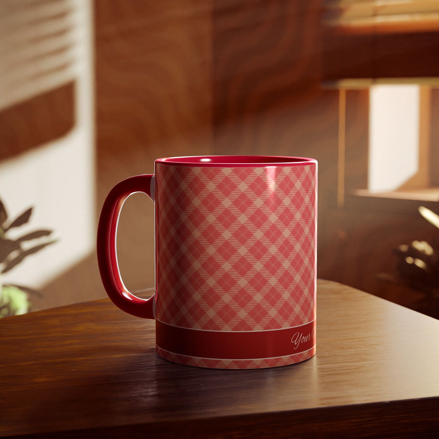 Coral Plaid Sunrise: Personalize It! Your Name, Your Font | Accent Mug (Small) (Red)