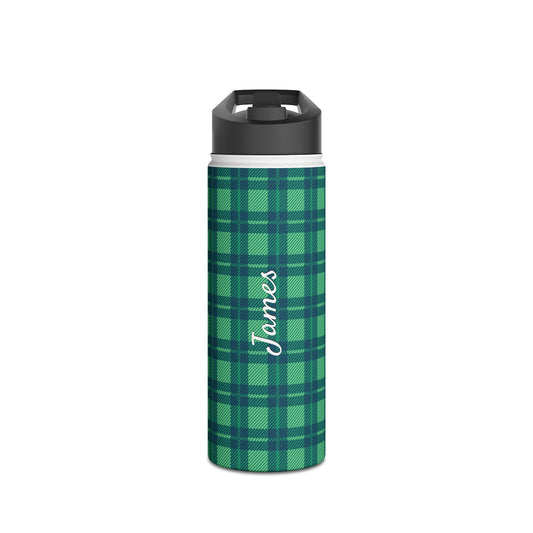 Verdant Green Tartan, Personalize It! Your Name, Stainless Steel Water Bottle Standard Lid (Small/Medium)