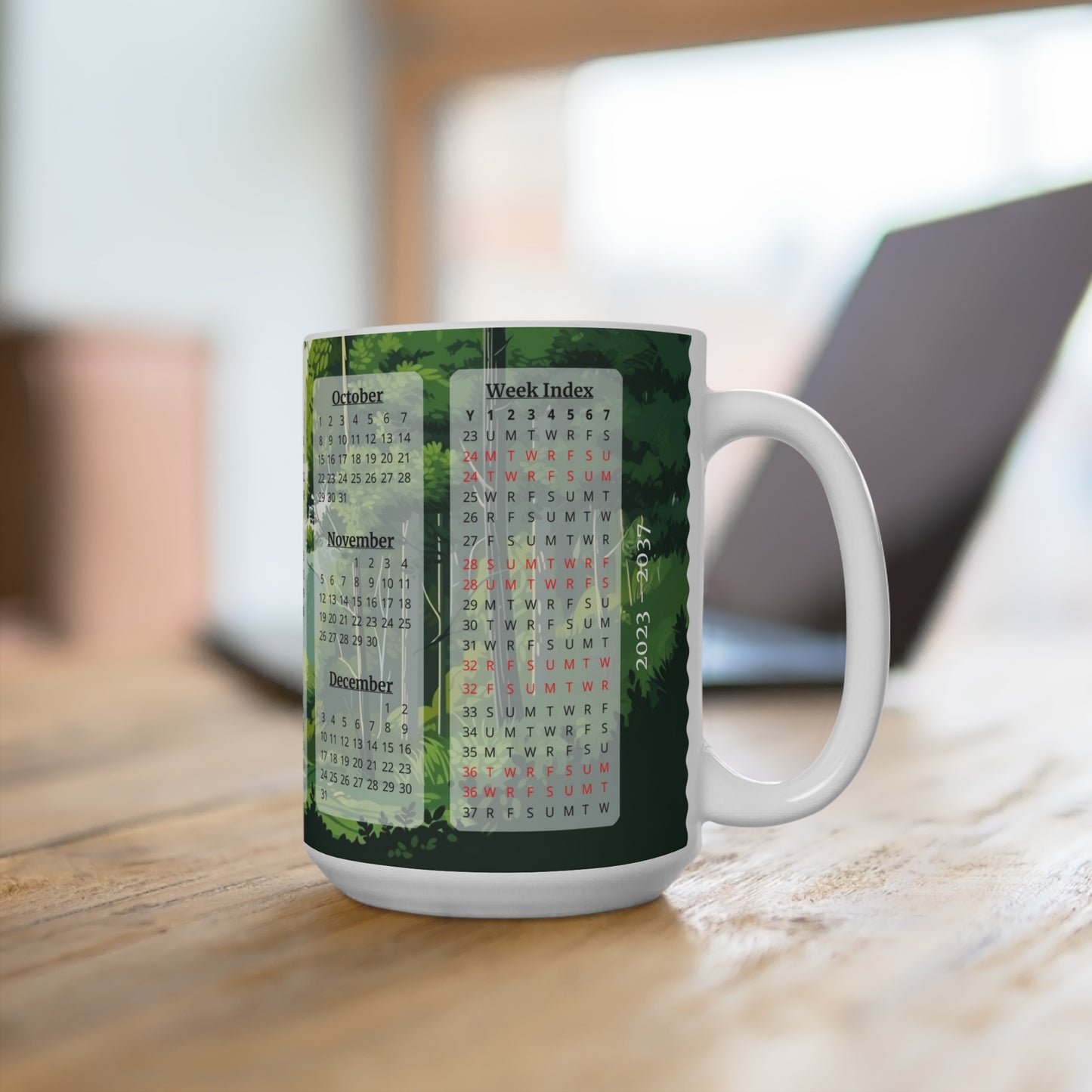 Green Forest, 15 Year Calendar 2023 to 2037, Ceramic Mug (Medium)