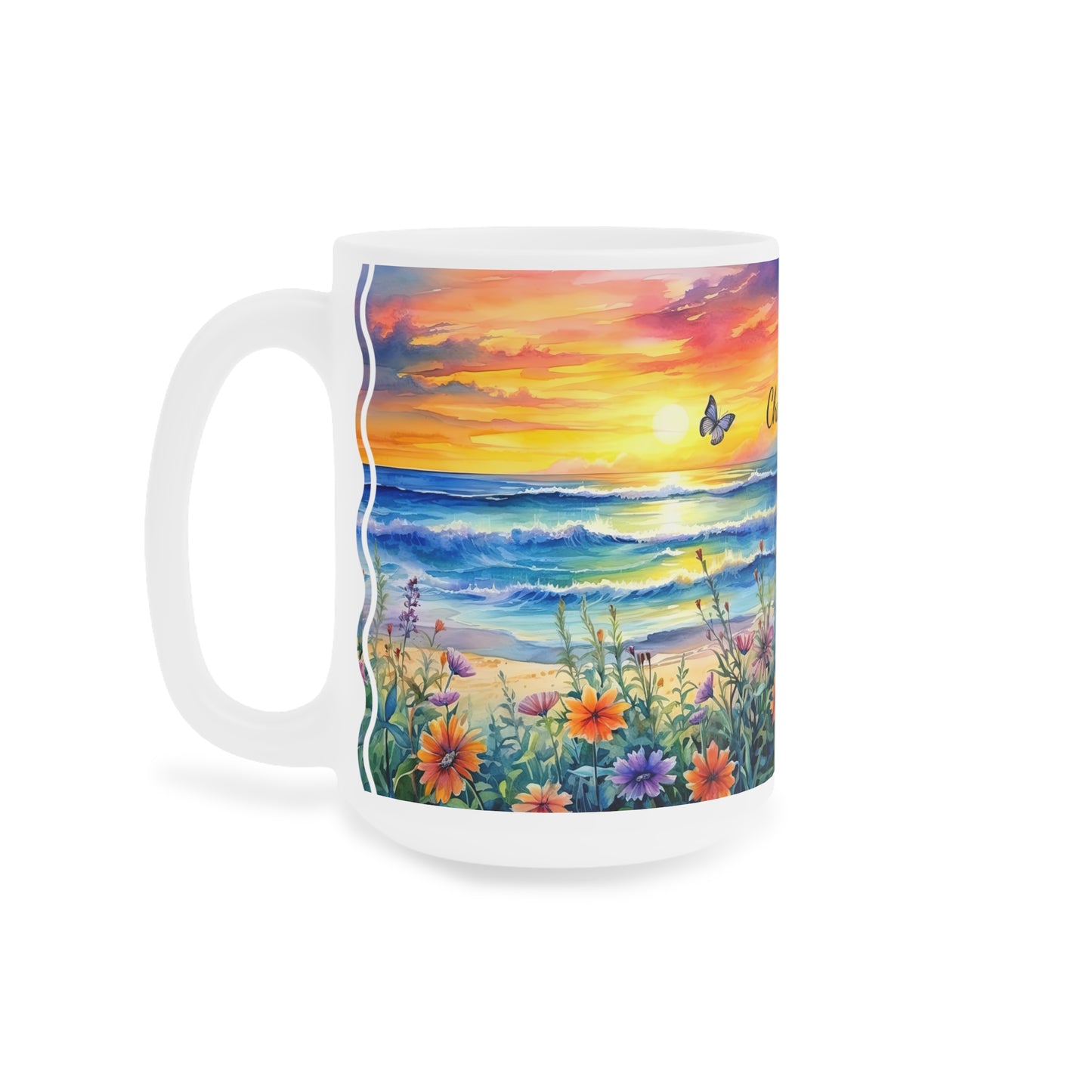 Beach Sunset and Butterflies: Personalize It! Your Name Your Font | Ceramic Mug (Large)