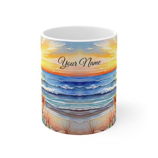 Sunflower on a Beach at Sunset, Personalize It! Your Name Your Font, Ceramic Mug (Small)