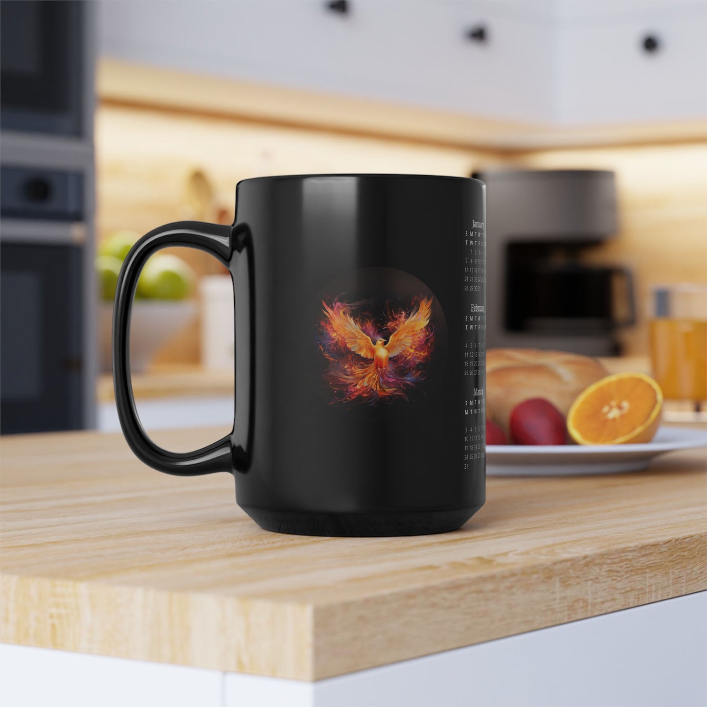 Merlin's Phoenix in Flight, 2 Year Calendar 2024 to 2025, Black Mug (Medium)