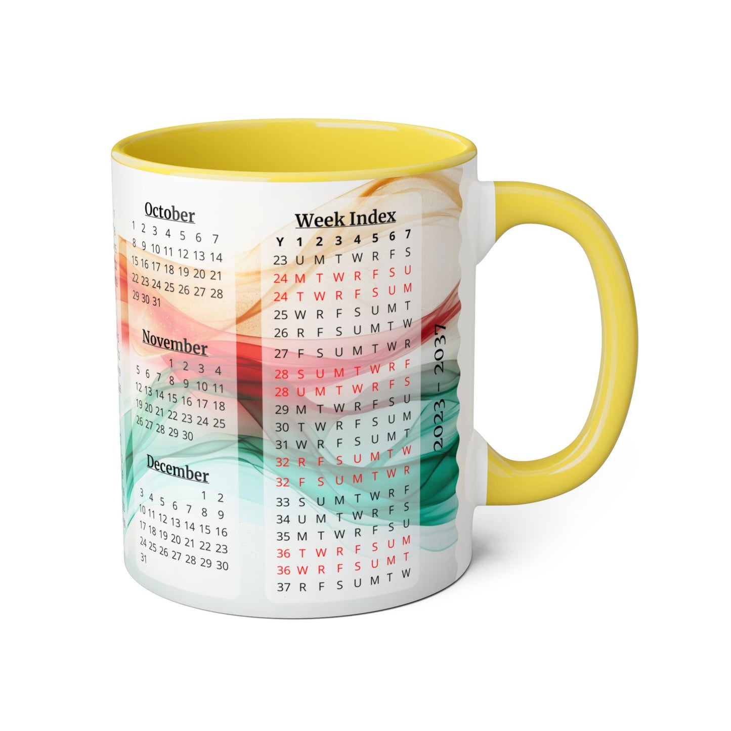 Seta Italiana, 15 Year Calendar 2023 to 2037, Accent Mug (Small) (Light Green/Red/Yellow)