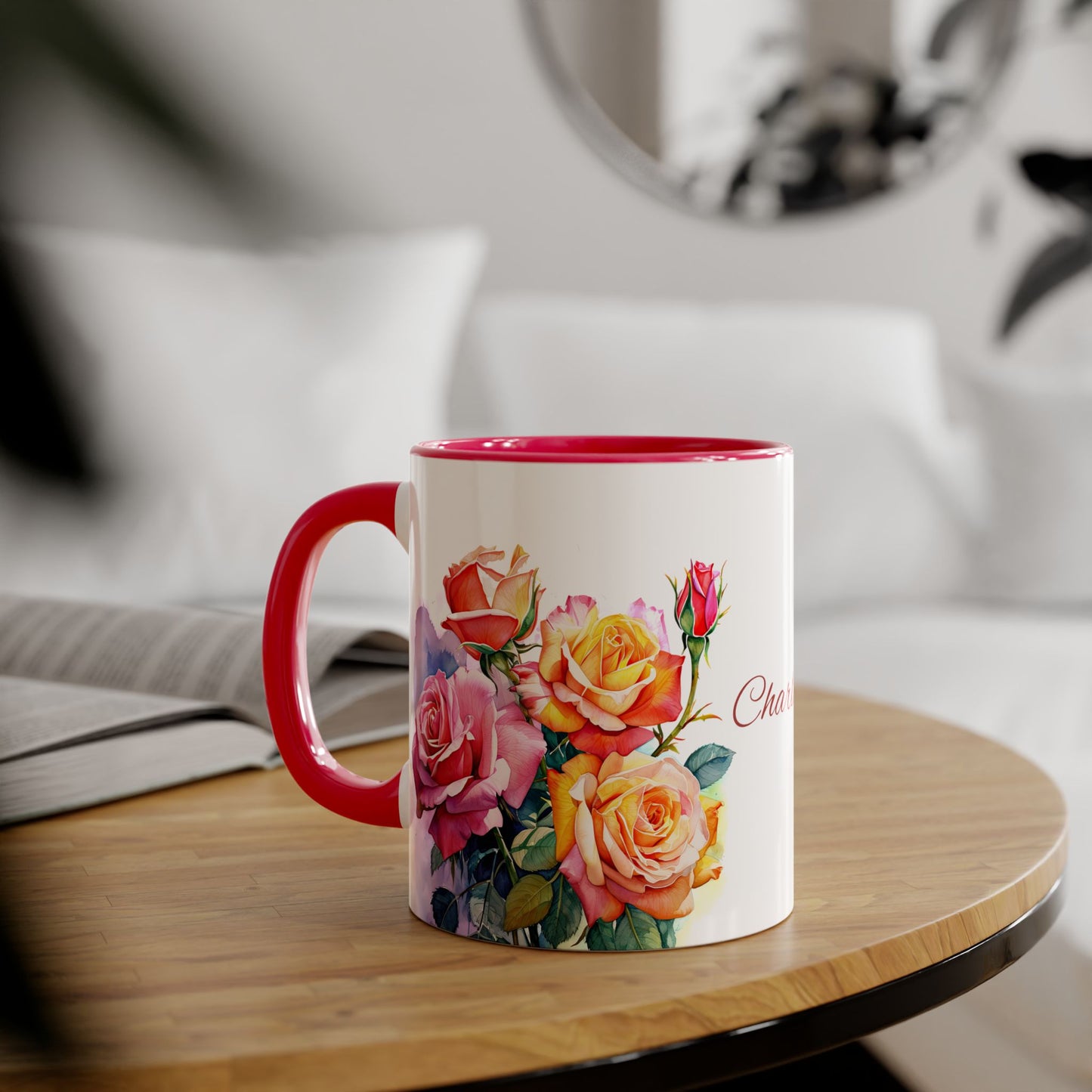 Roses Pink and Yellow · Personalize It! Your Name, Font and Color | Accent Mug (Small) (Light Green/Pink/Red/Yellow).