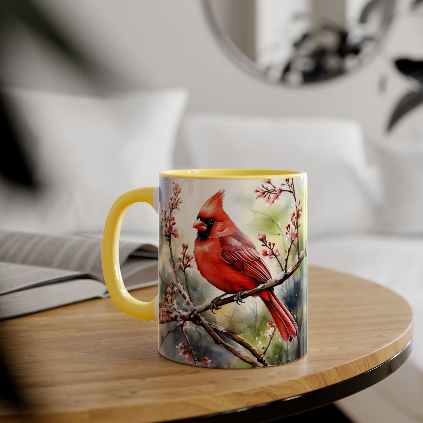 Winter Cardinals Dream Art | Accent Mug (Small) (Navy Blue/Pink/Red/Yellow).