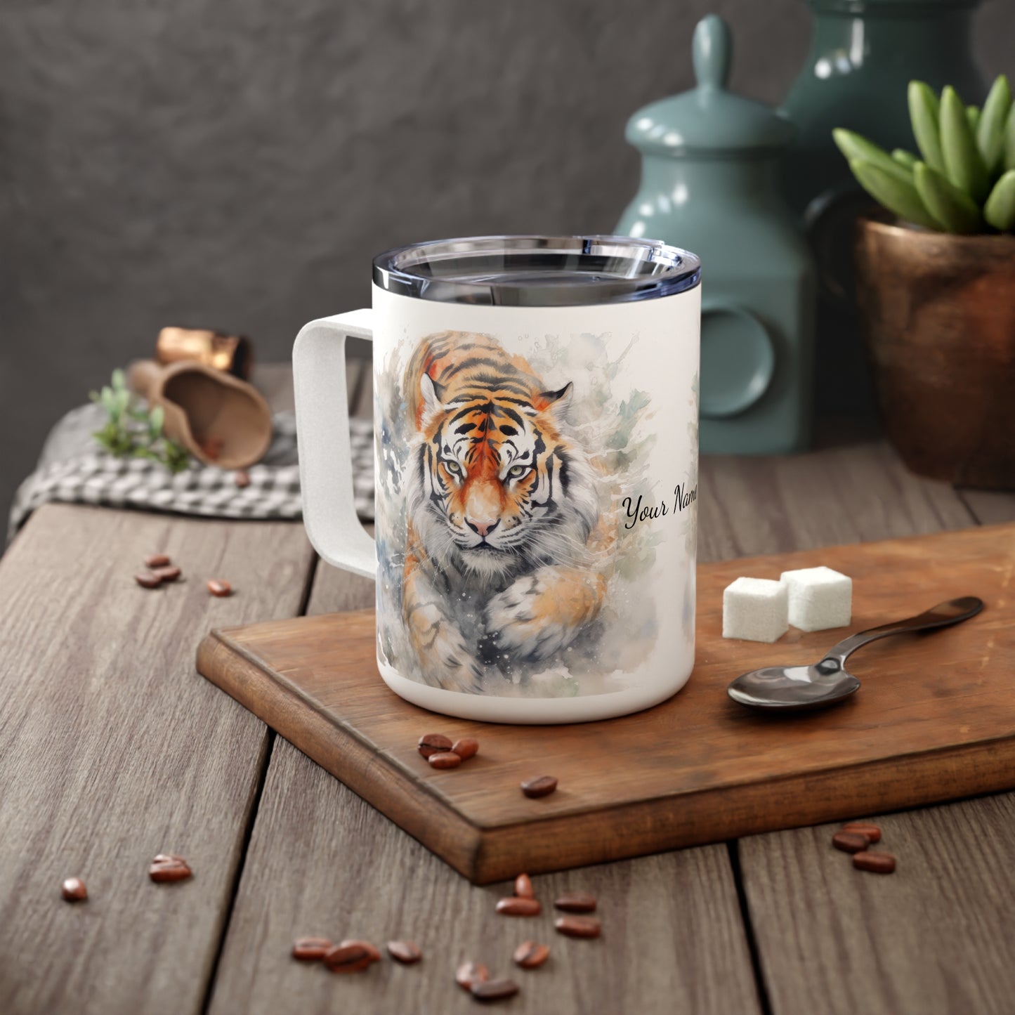 Twin Mystic Tigers: Personalize It! Your Name, Your Font | Insulated Coffee Mug