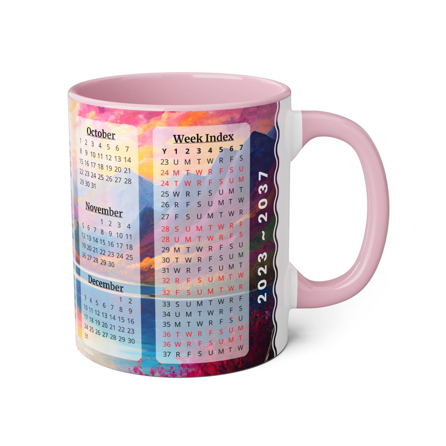 Autumn Lake · Calendar Mugs: 15-Year Calendar 2023 to 2037 | Accent Mug (Small) (Blue/Pink/Red/Yellow).