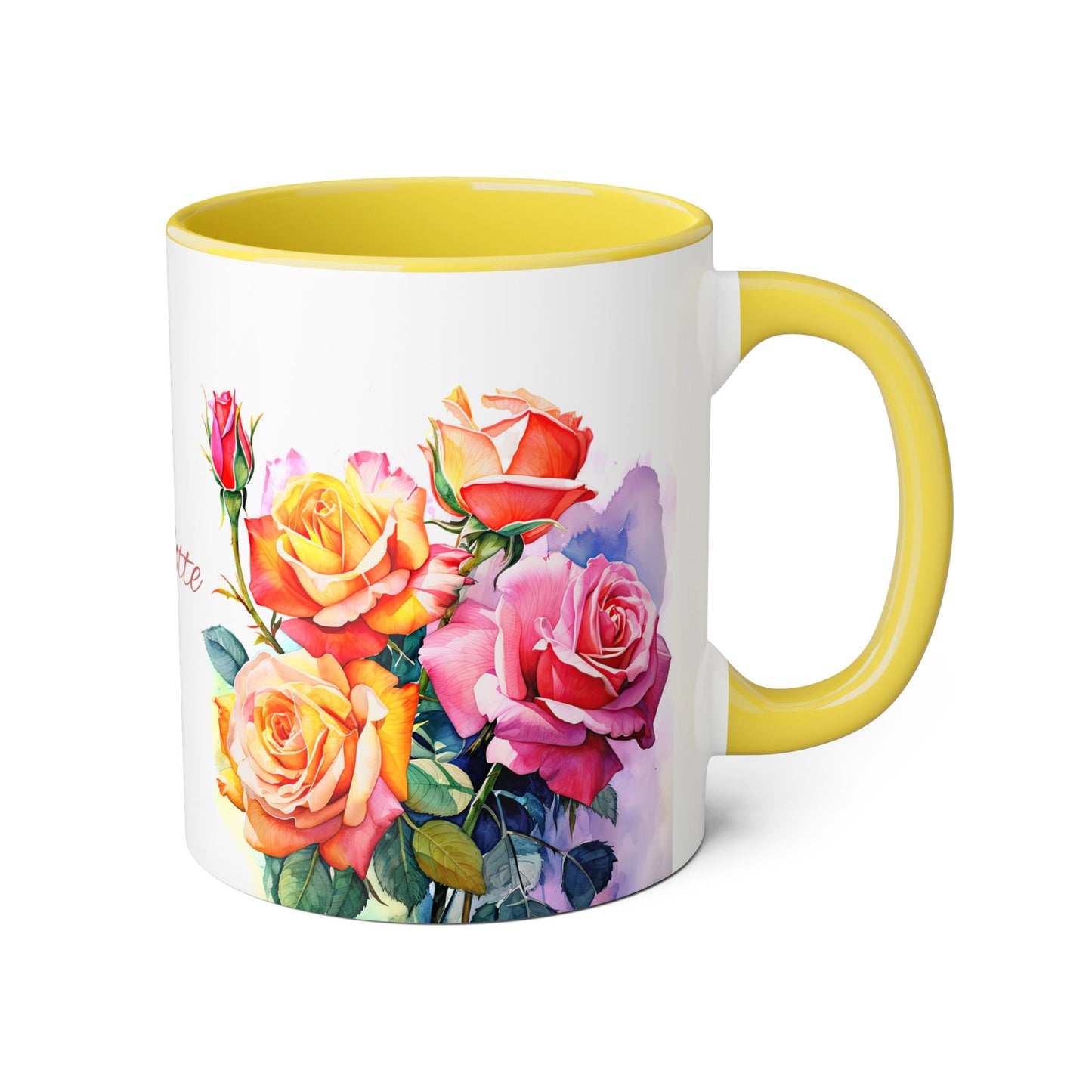 Roses Pink and Yellow · Personalize It! Your Name, Font and Color | Accent Mug (Small) (Light Green/Pink/Red/Yellow).