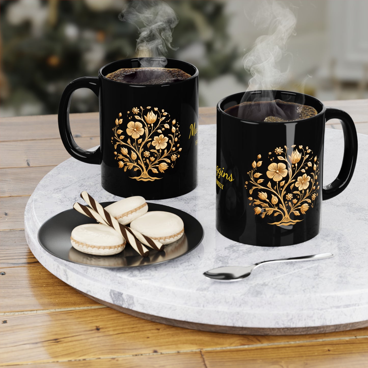 Golden Floral Medallion · Personalize It! Family Name | Black Mug (Small)