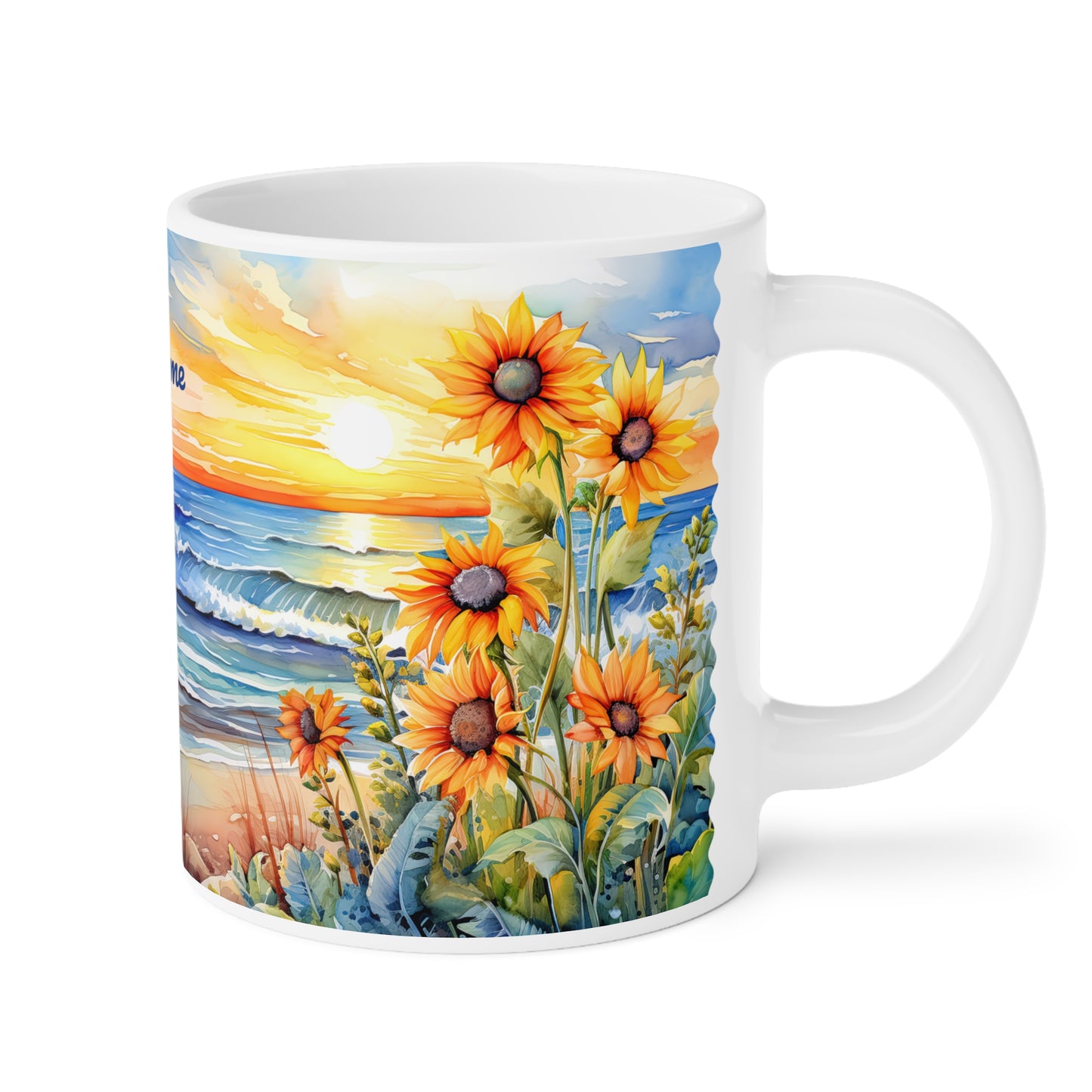 Sunset Beach Sunflowers Paradise · Personalize It! Your Name, Font and Color | Ceramic Mug (Small/Medium/Large).