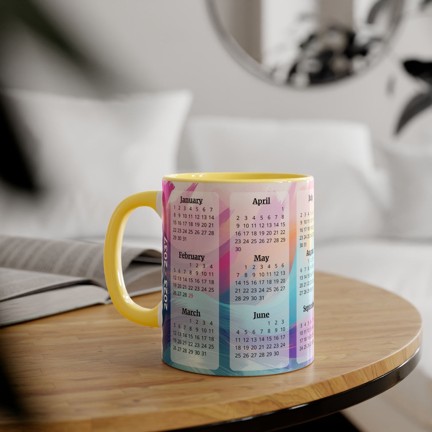 Palette of Pinks and Pastels · Calendar Mugs: 15-Year Calendar: 2023 to 2037 | Accent Mug (Small) (Pink/Red/Yellow).