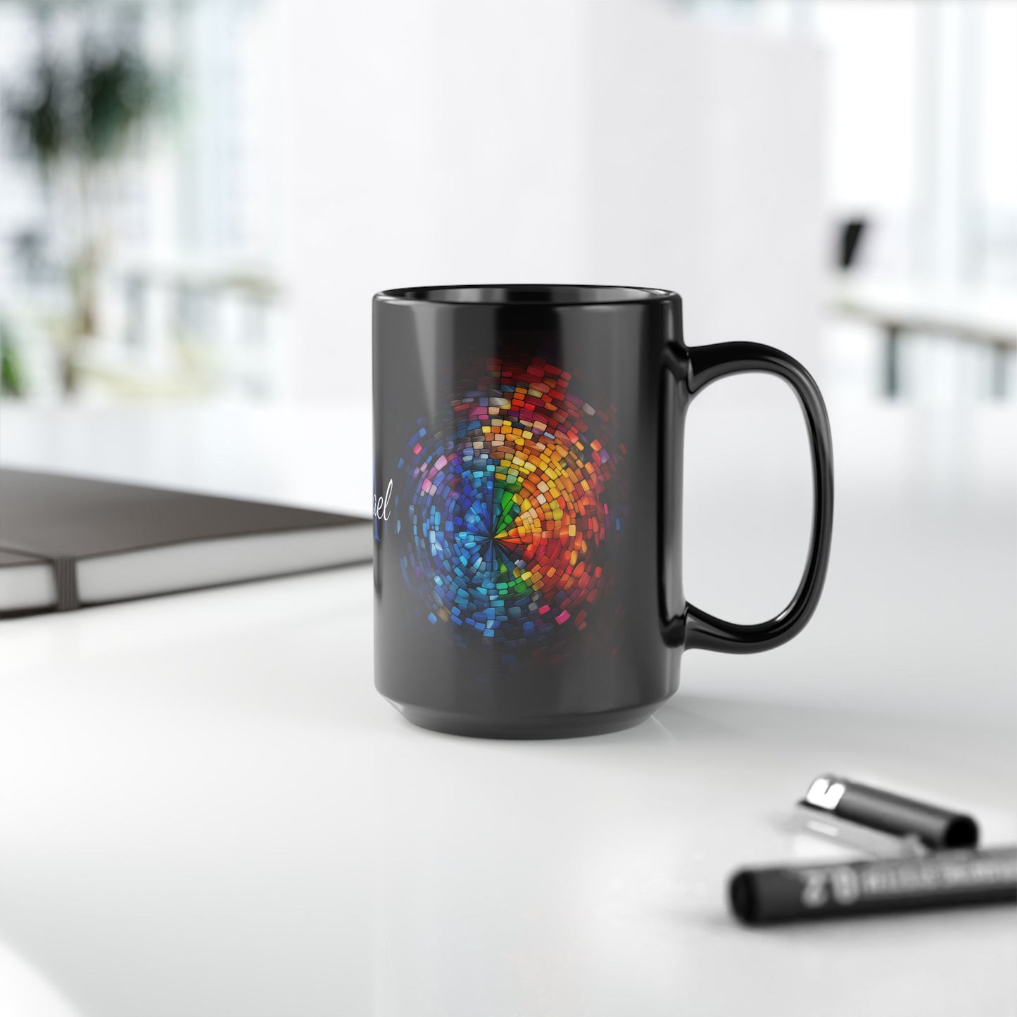 Rainbow Eye Mosaic · Personalize It! Your Name | Black Mug (Medium)