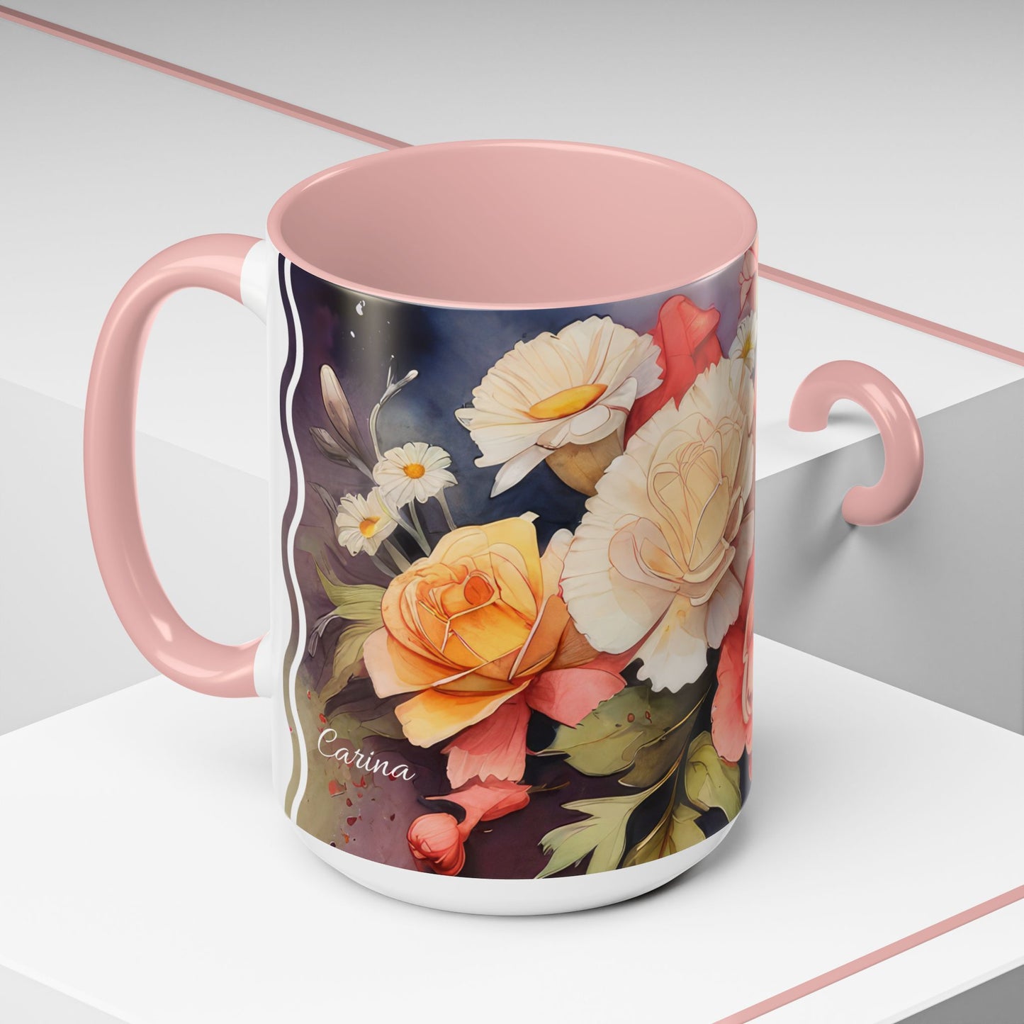 Carnation Cascade: Personalize It! Your Name, Your Font | Accent Mug (Medium) (Pink/Red)